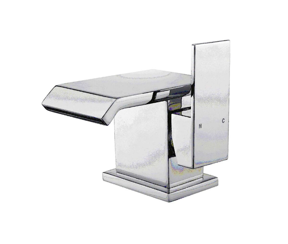 Modern chrome kitchen faucet with hot and cold indicators.