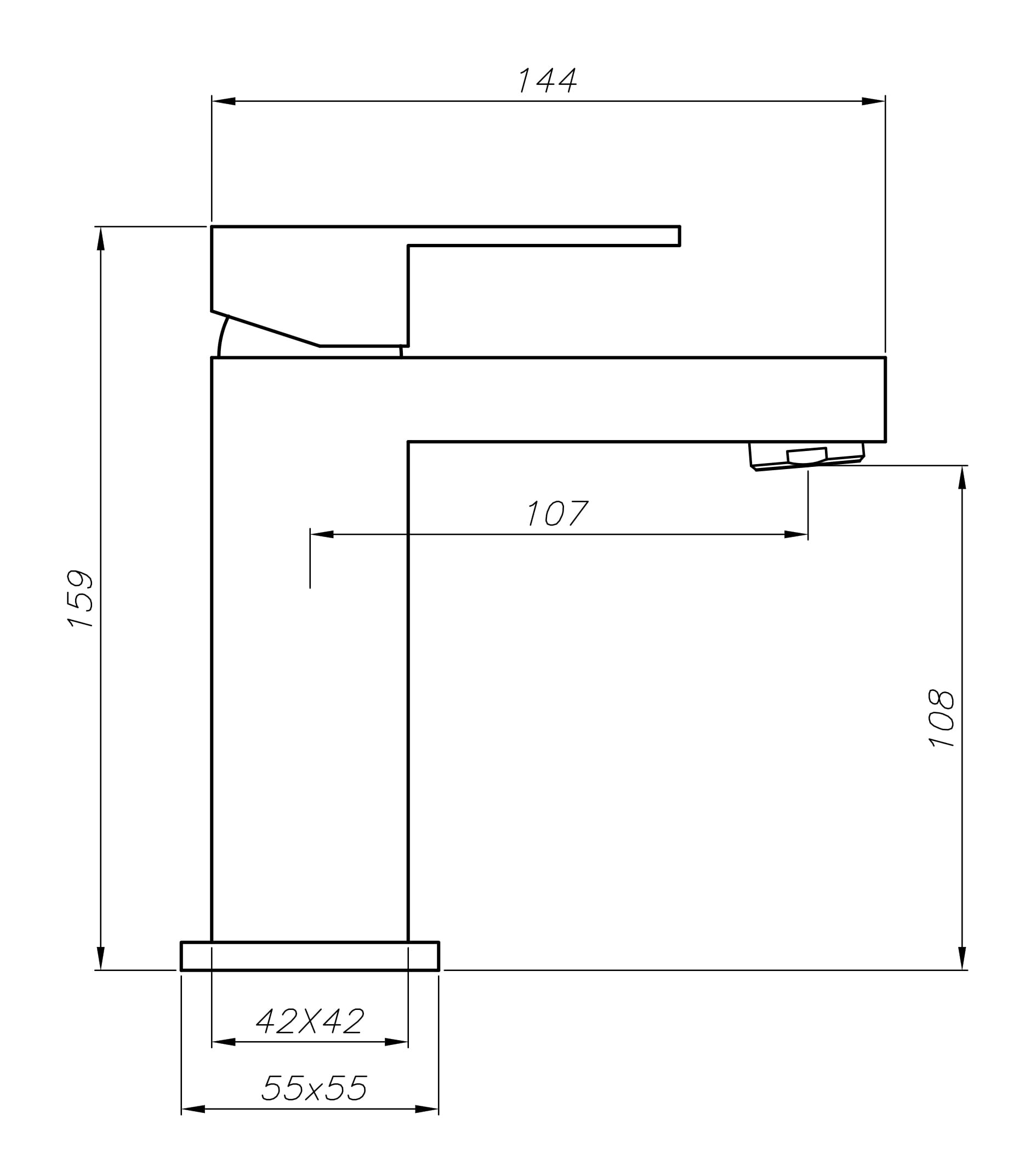 Diagram of a modern kitchen faucet with measurements.