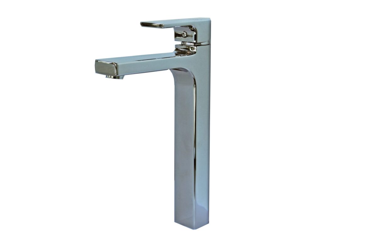 Tall chrome kitchen faucet with modern design.