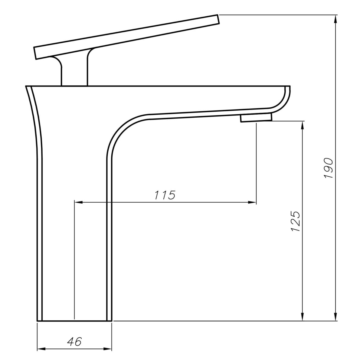 Line drawing of a modern kitchen faucet with dimensions.