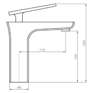 Line drawing of a modern kitchen faucet with dimensions.