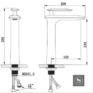 Technical drawing of a kitchen faucet with dimensions and installation details.