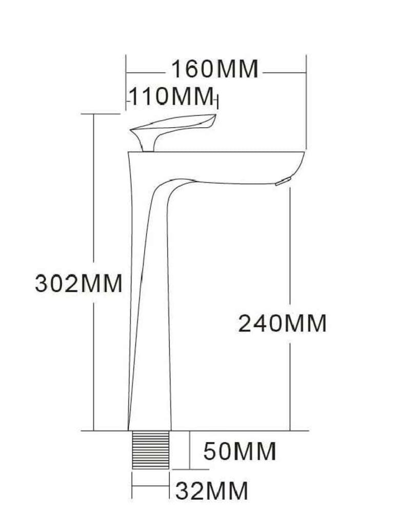 Diagram of a tall kitchen faucet with measurements in millimeters.