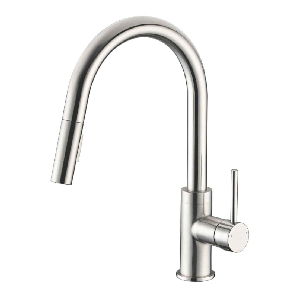 Modern stainless steel kitchen faucet with pull-out spray.