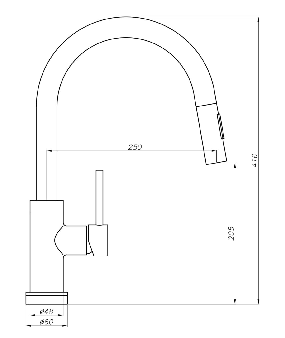 Kitchen faucet technical drawing with dimensions.