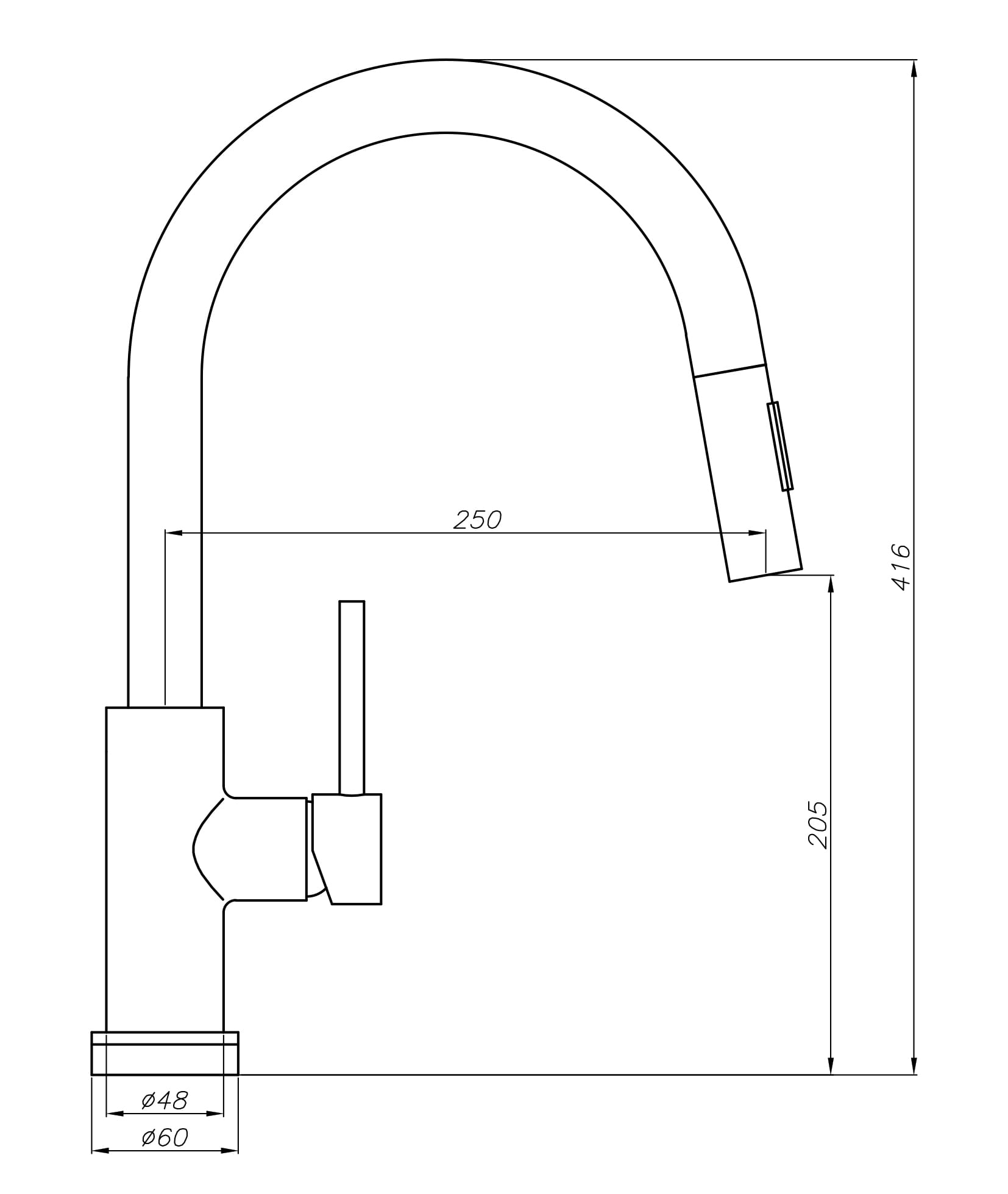Kitchen faucet technical drawing with dimensions.