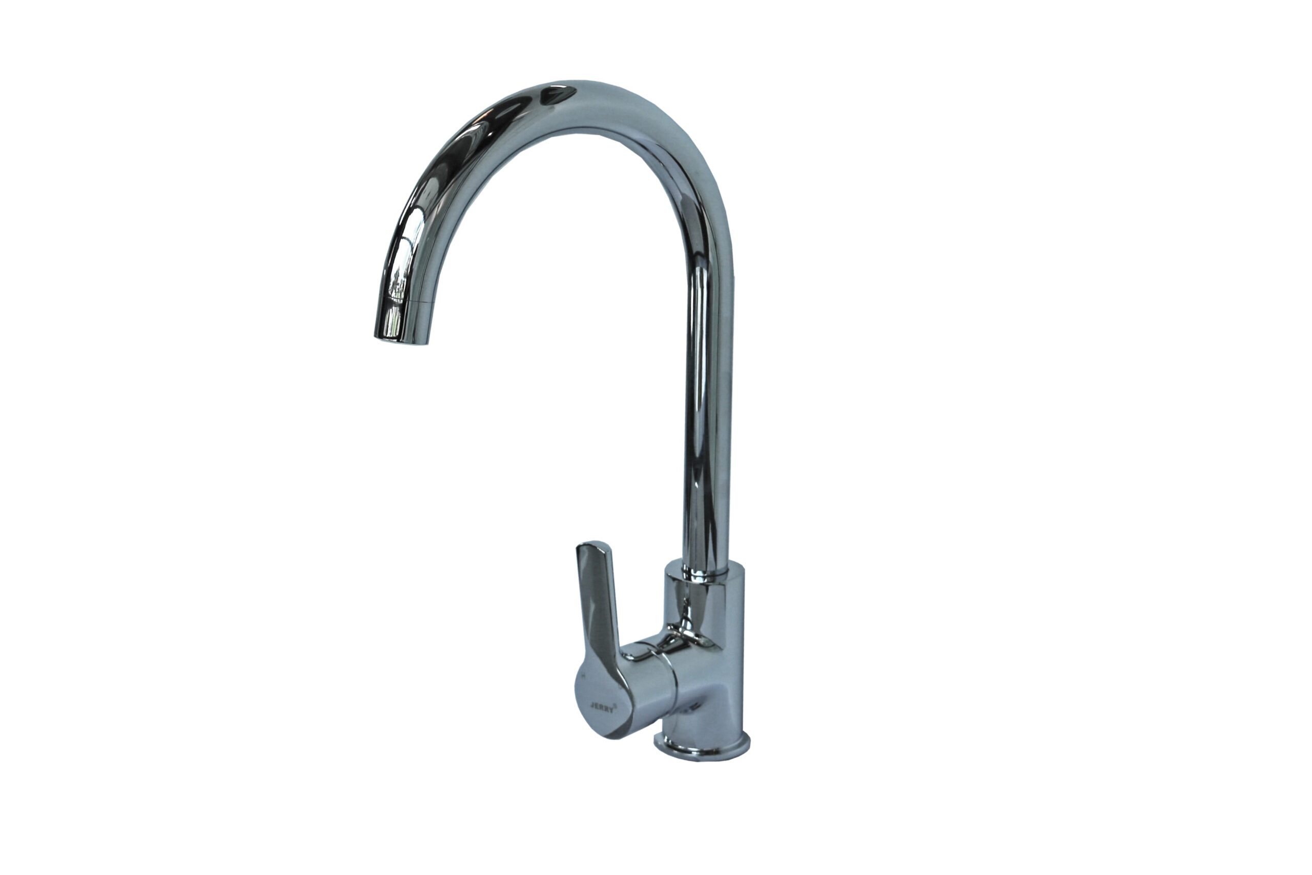 Modern chrome kitchen faucet with a curved spout and single lever handle.