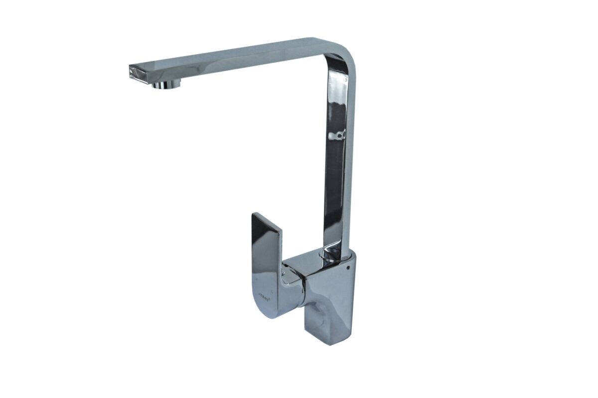 Modern chrome kitchen faucet with a sleek, angular design.