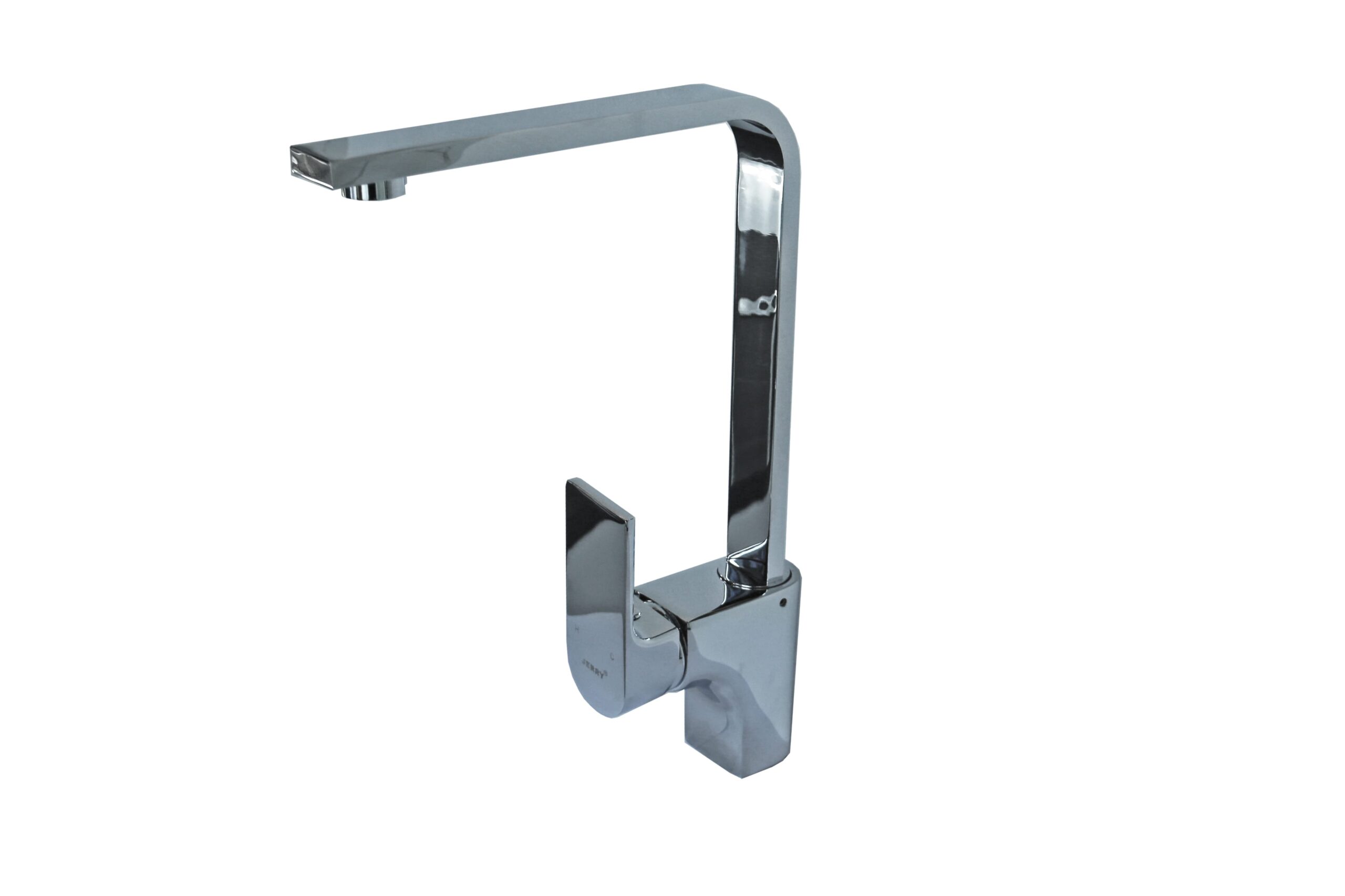 Modern chrome kitchen faucet with a sleek, angular design.