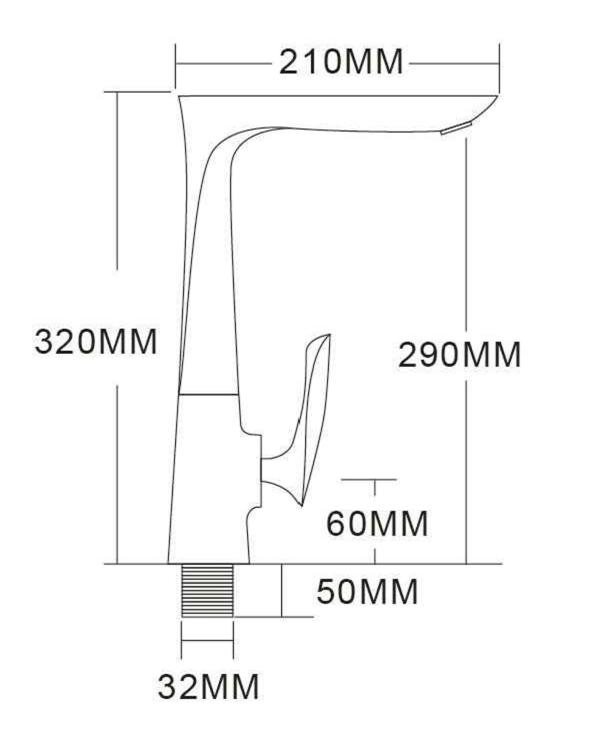 Technical drawing of a kitchen faucet with dimensions in millimeters.