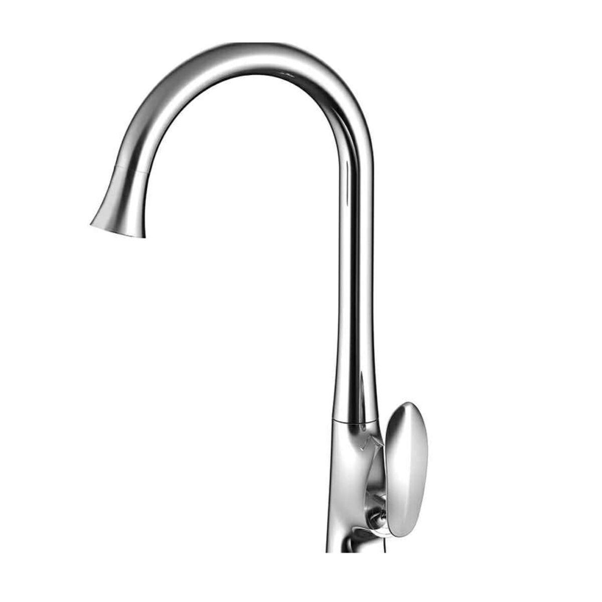 Chrome kitchen faucet with tall curved spout and oval single lever handle