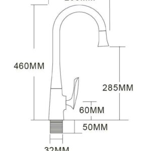 Diagram of a kitchen faucet with measurements in millimeters.