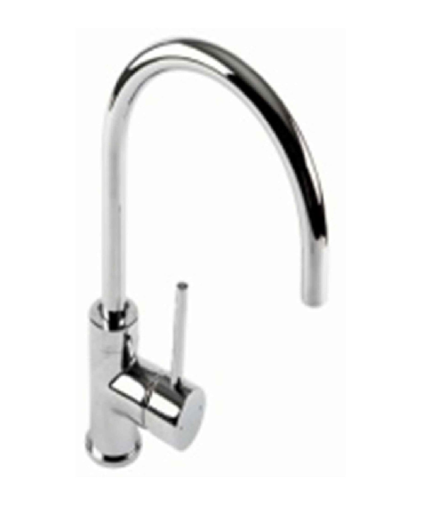 Chrome gooseneck kitchen faucet with single lever handle and sleek design