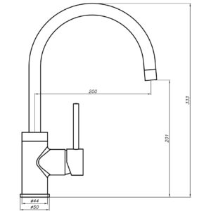 Technical drawing of a kitchen faucet with dimensions.