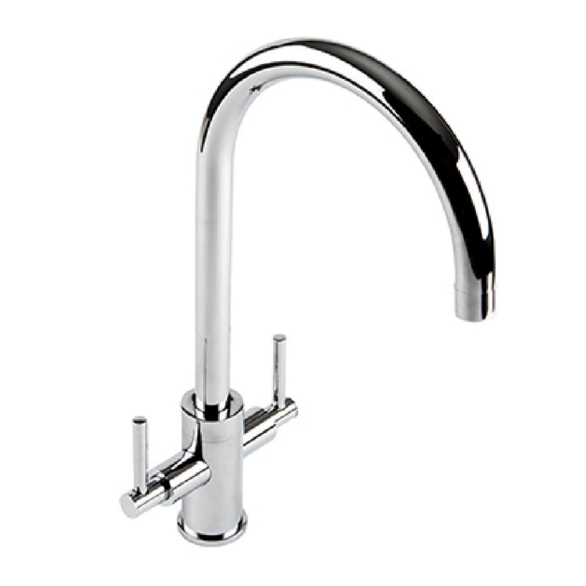 Chrome kitchen faucet with dual handles and curved spout.