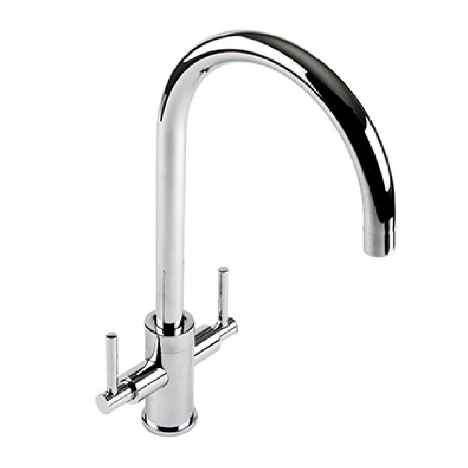 Chrome kitchen faucet with dual handles and curved spout.