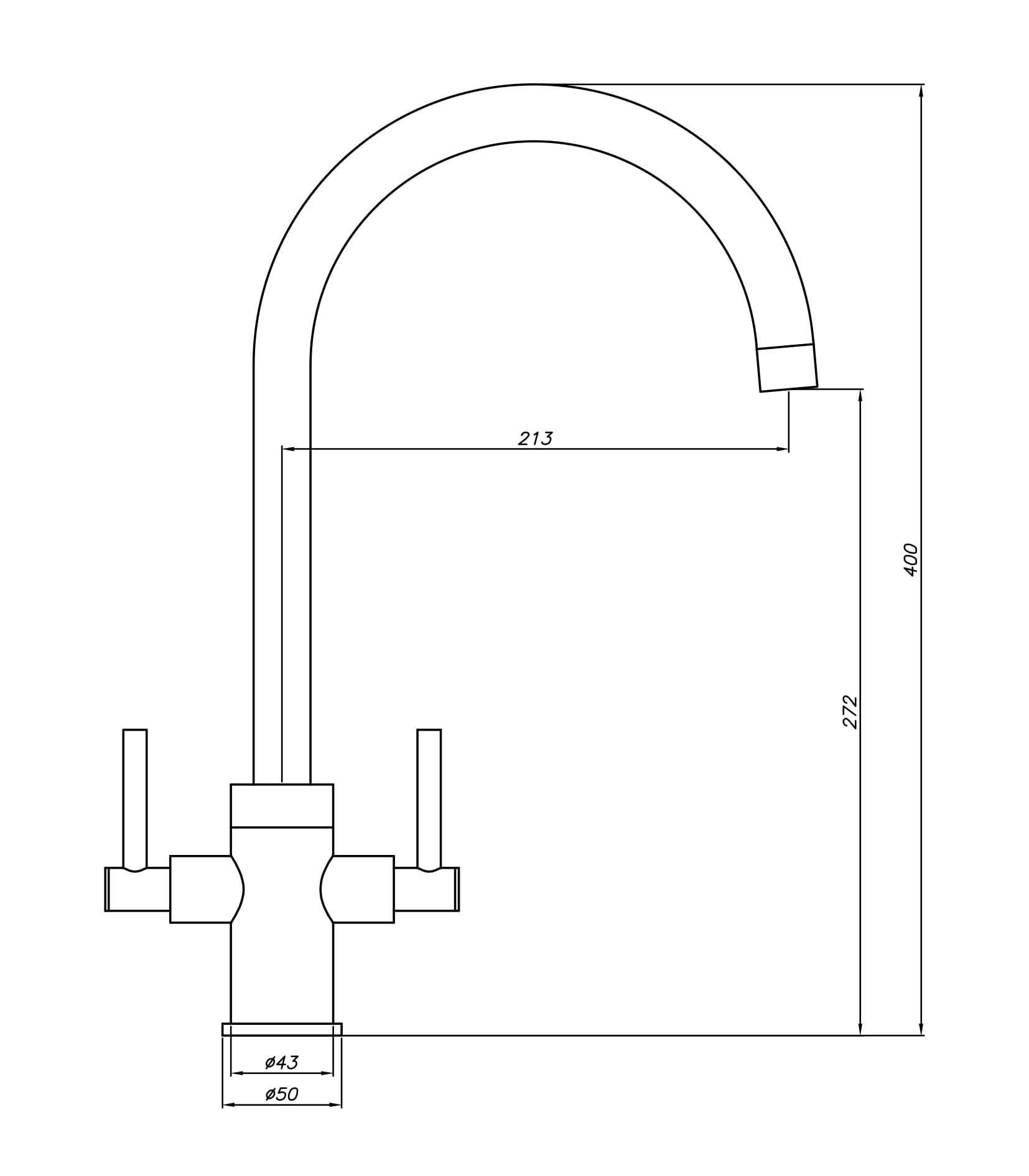 Technical drawing of a kitchen faucet with dimensions.