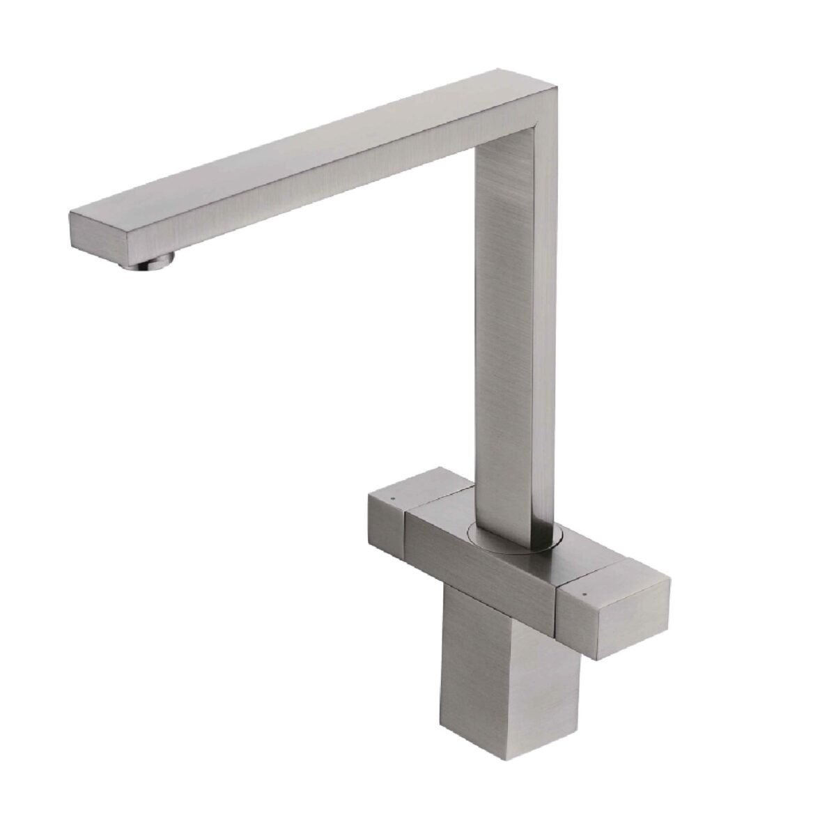 Modern stainless steel kitchen faucet with square design.