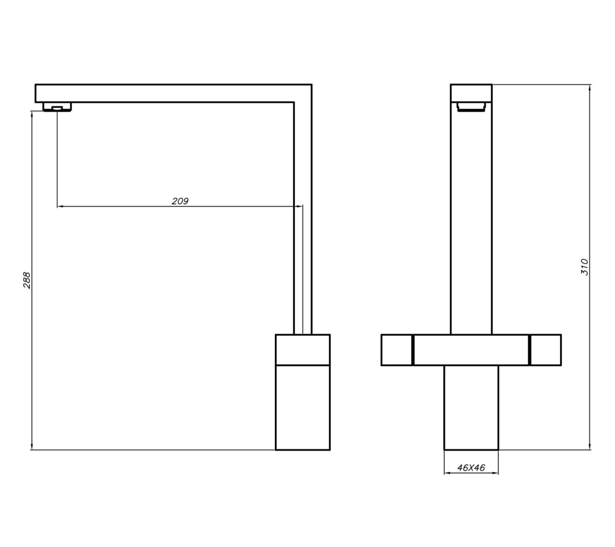Technical drawing of a kitchen faucet with dimensions.