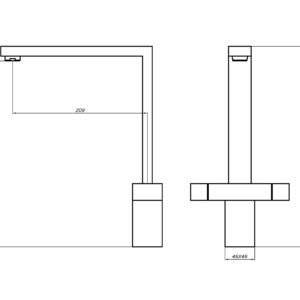 Technical drawing of a kitchen faucet with dimensions.