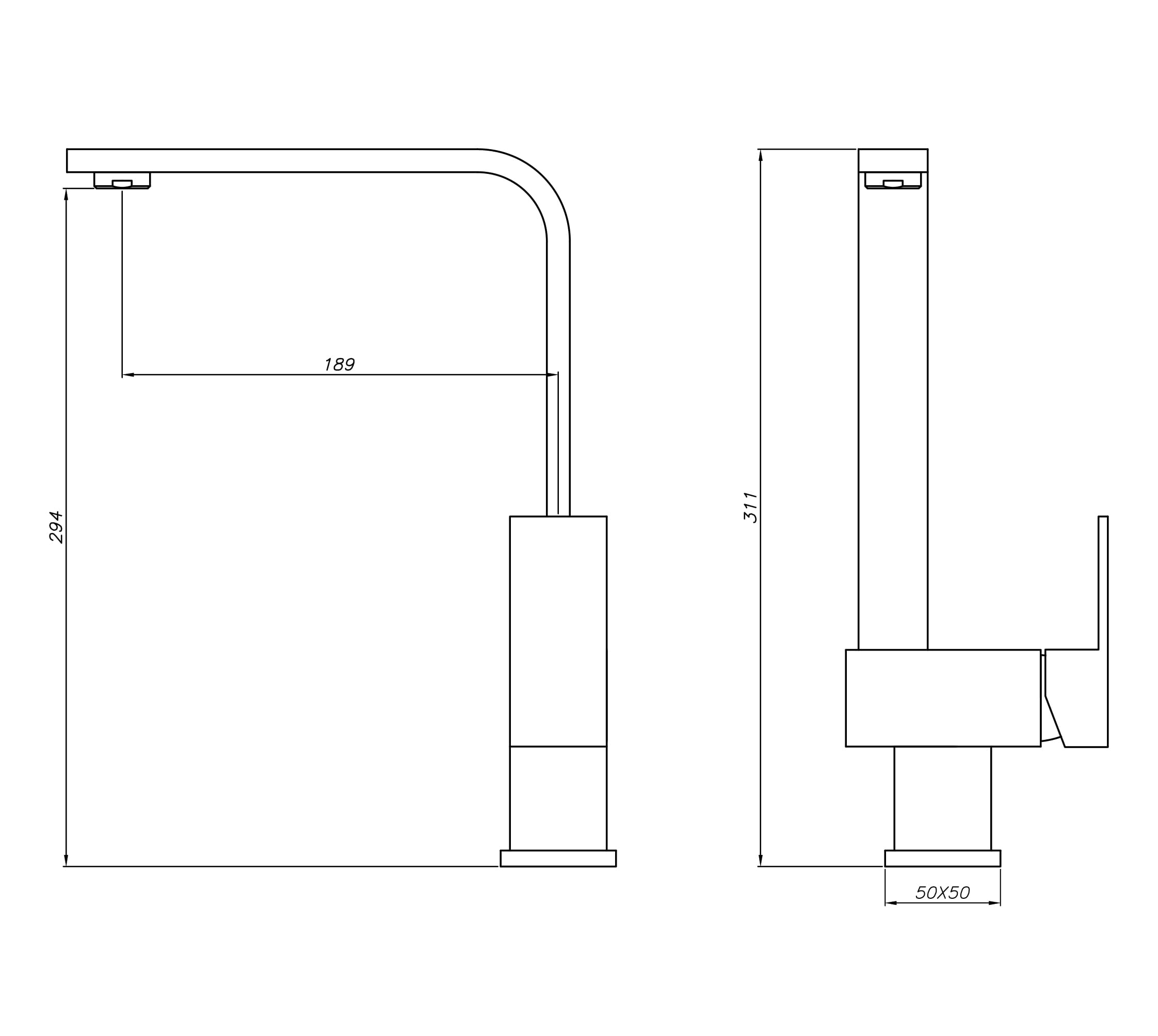 Technical drawing of a kitchen faucet with dimensions.