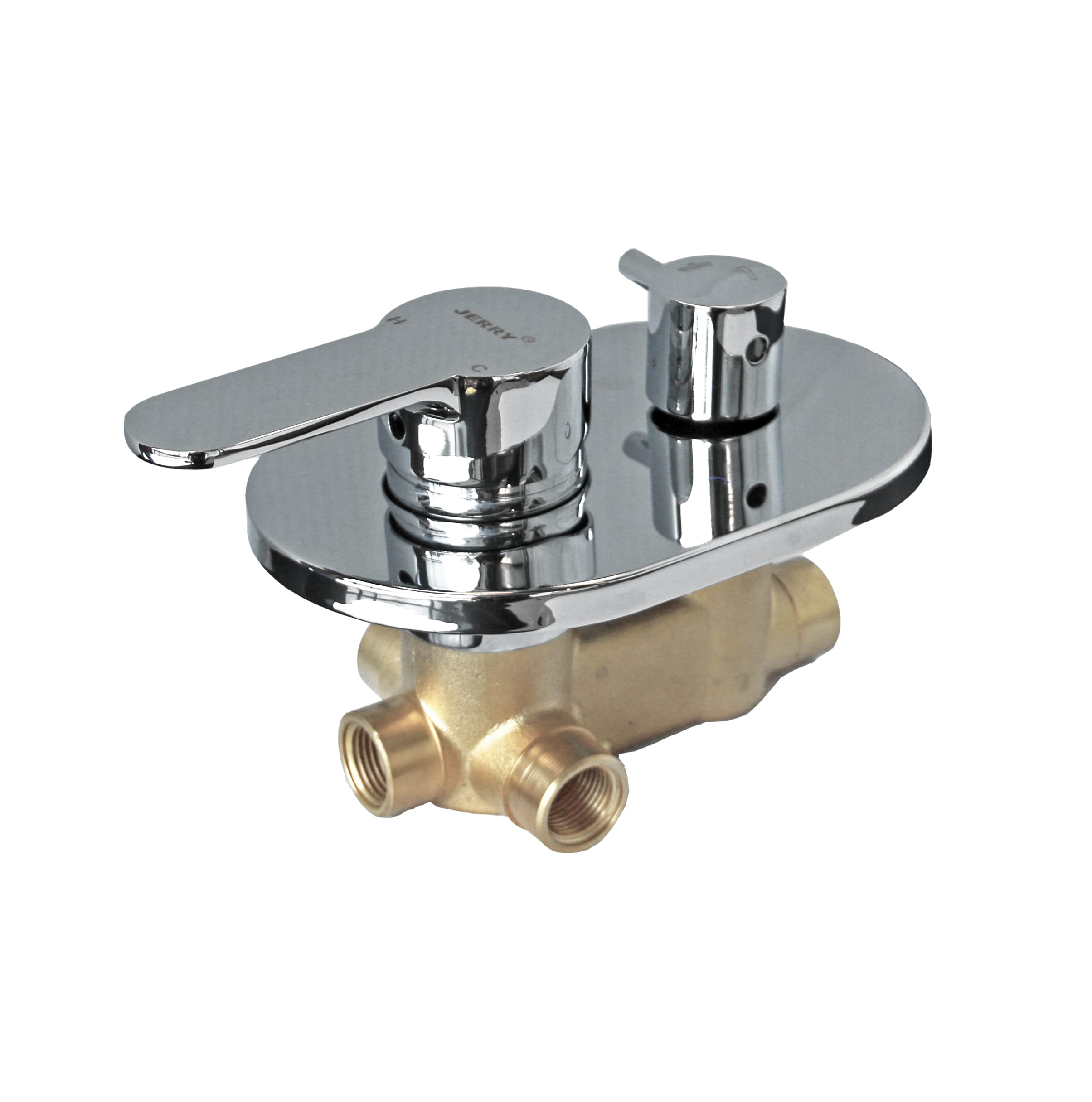 Chrome shower mixer with dual handles and brass fittings.