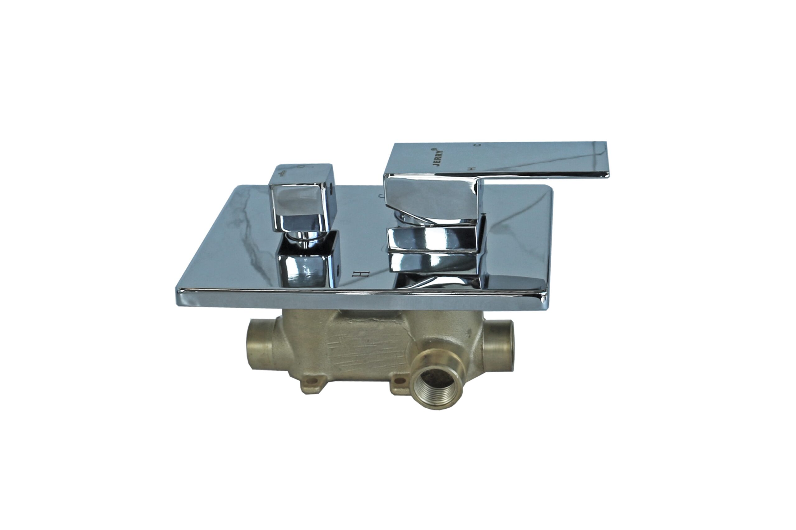 Chrome shower mixer with dual handles and brass valve.