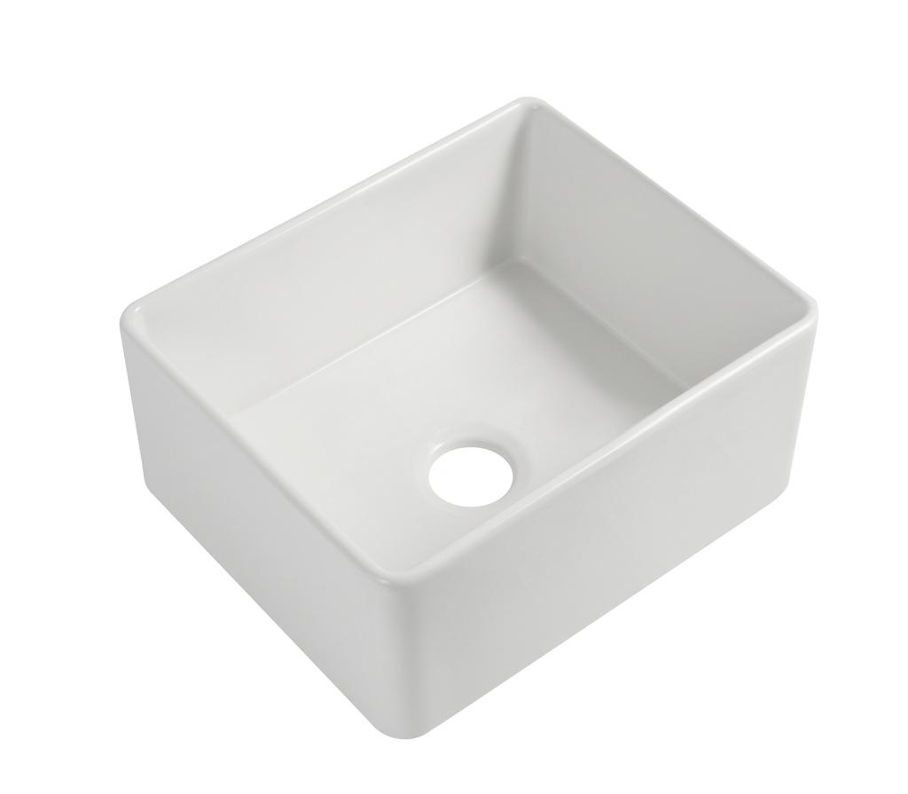 White ceramic kitchen sink with a central drain hole.