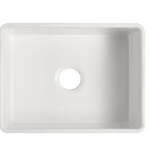 White rectangular kitchen sink with central drain hole.