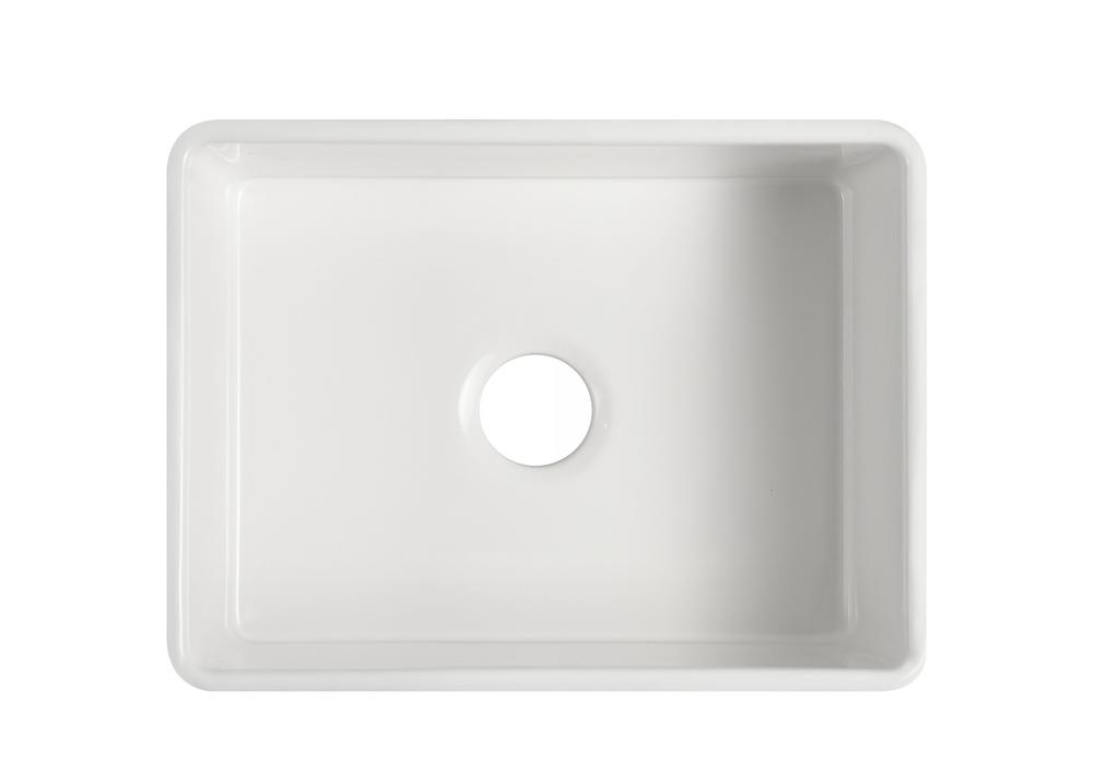 White rectangular kitchen sink with central drain hole.