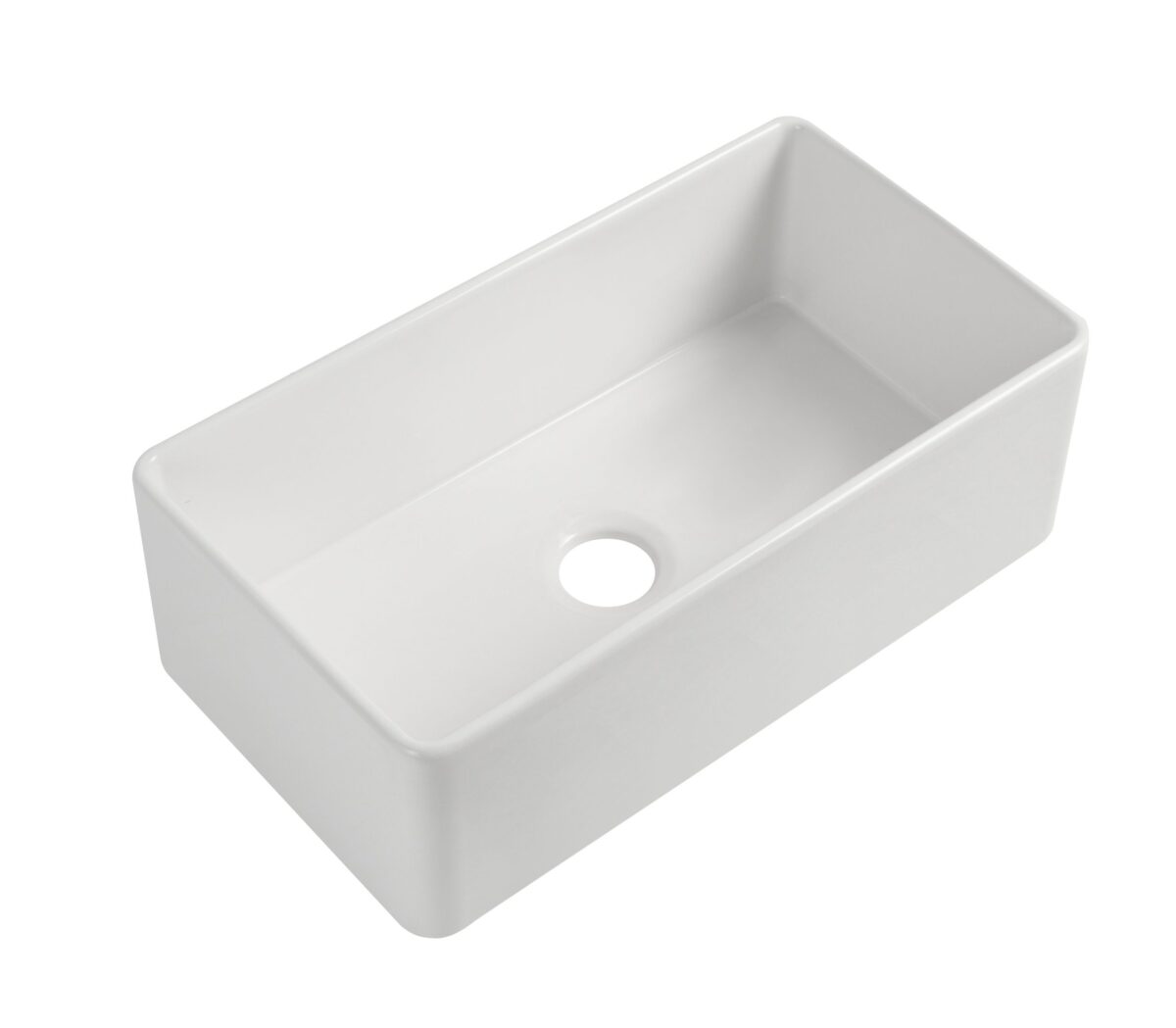 KB8459 2 White rectangular ceramic kitchen sink with central drain hole.