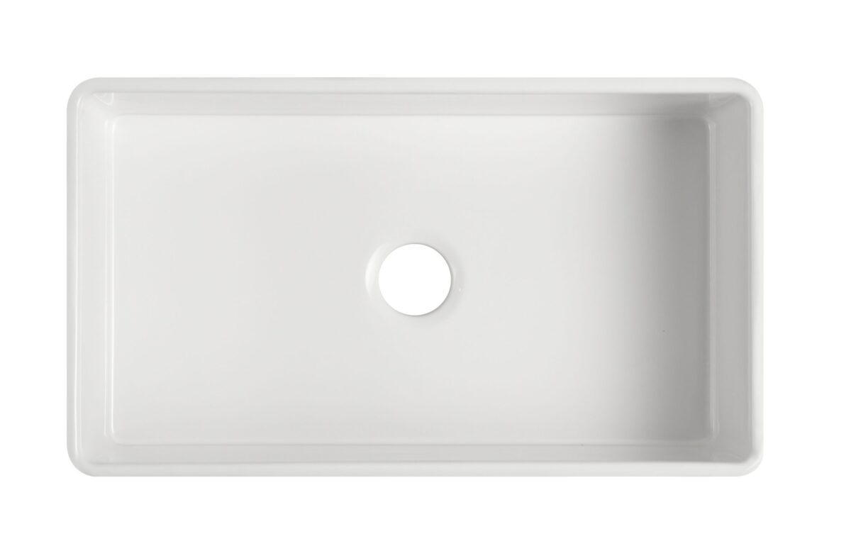 White rectangular kitchen sink with central drain hole.