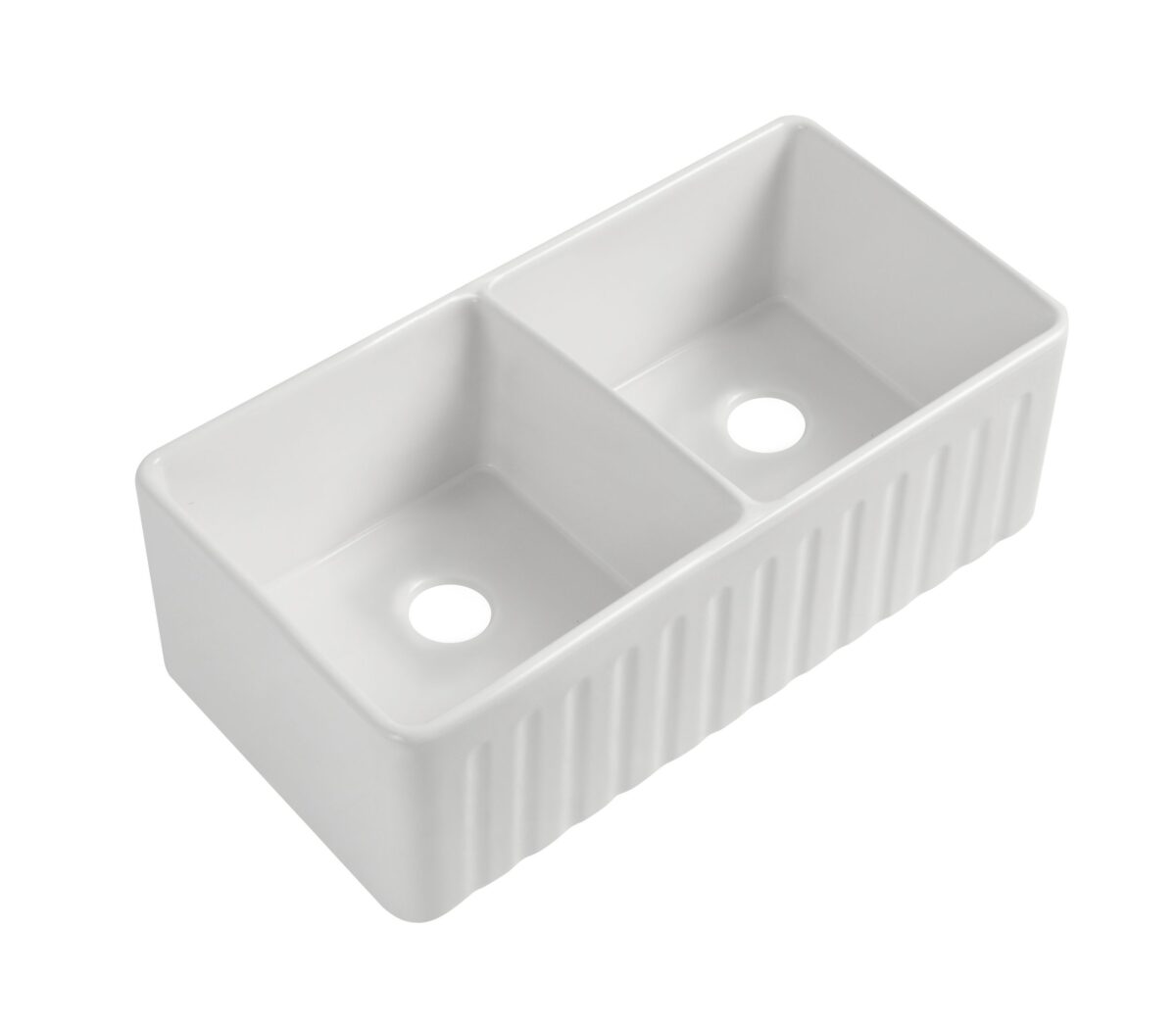 Double bowl white ceramic farmhouse sink with fluted front apron design