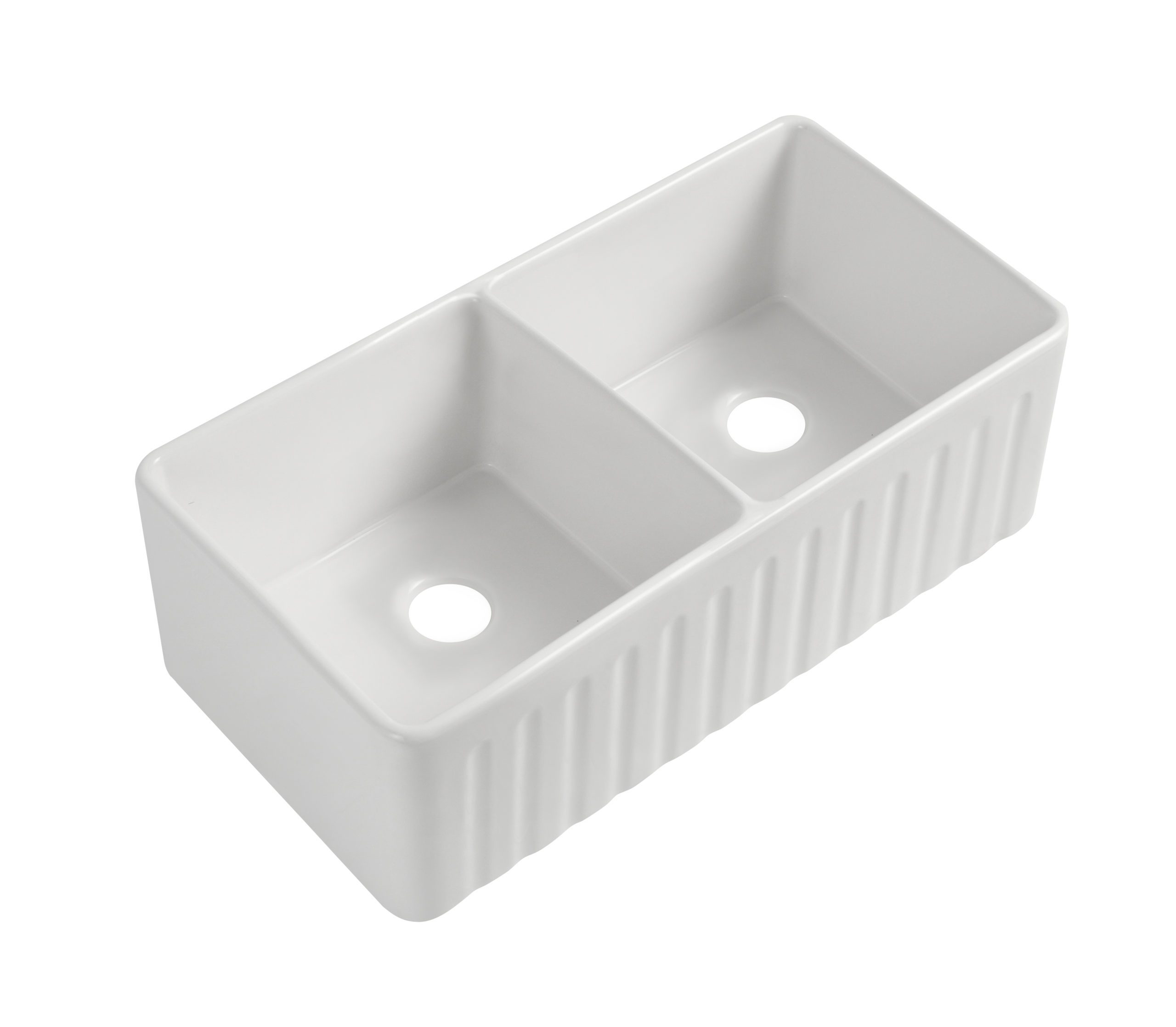 Double bowl white ceramic farmhouse sink with fluted front apron design