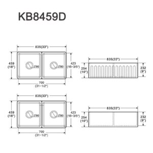 Technical drawing of KB8459D double kitchen sink with dimensions.