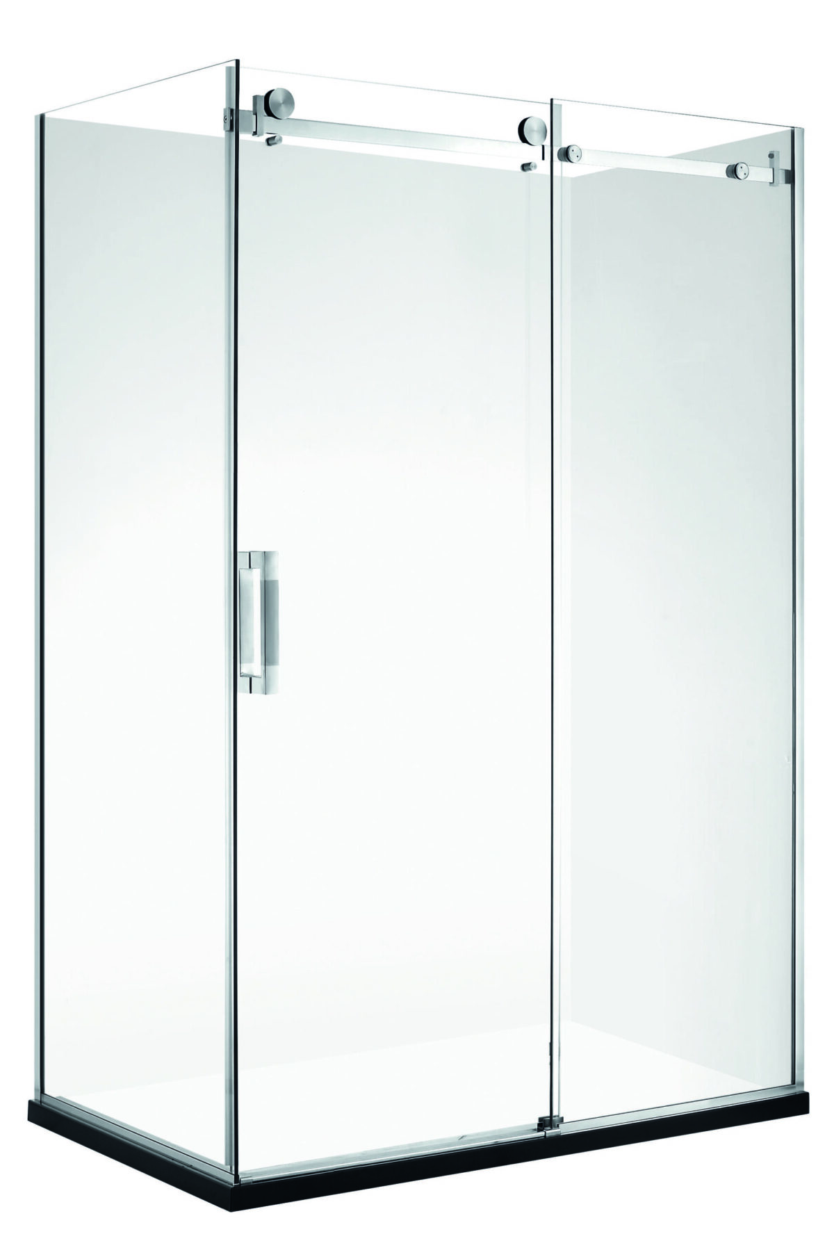 Glass shower enclosure with metal handle and sliding door.