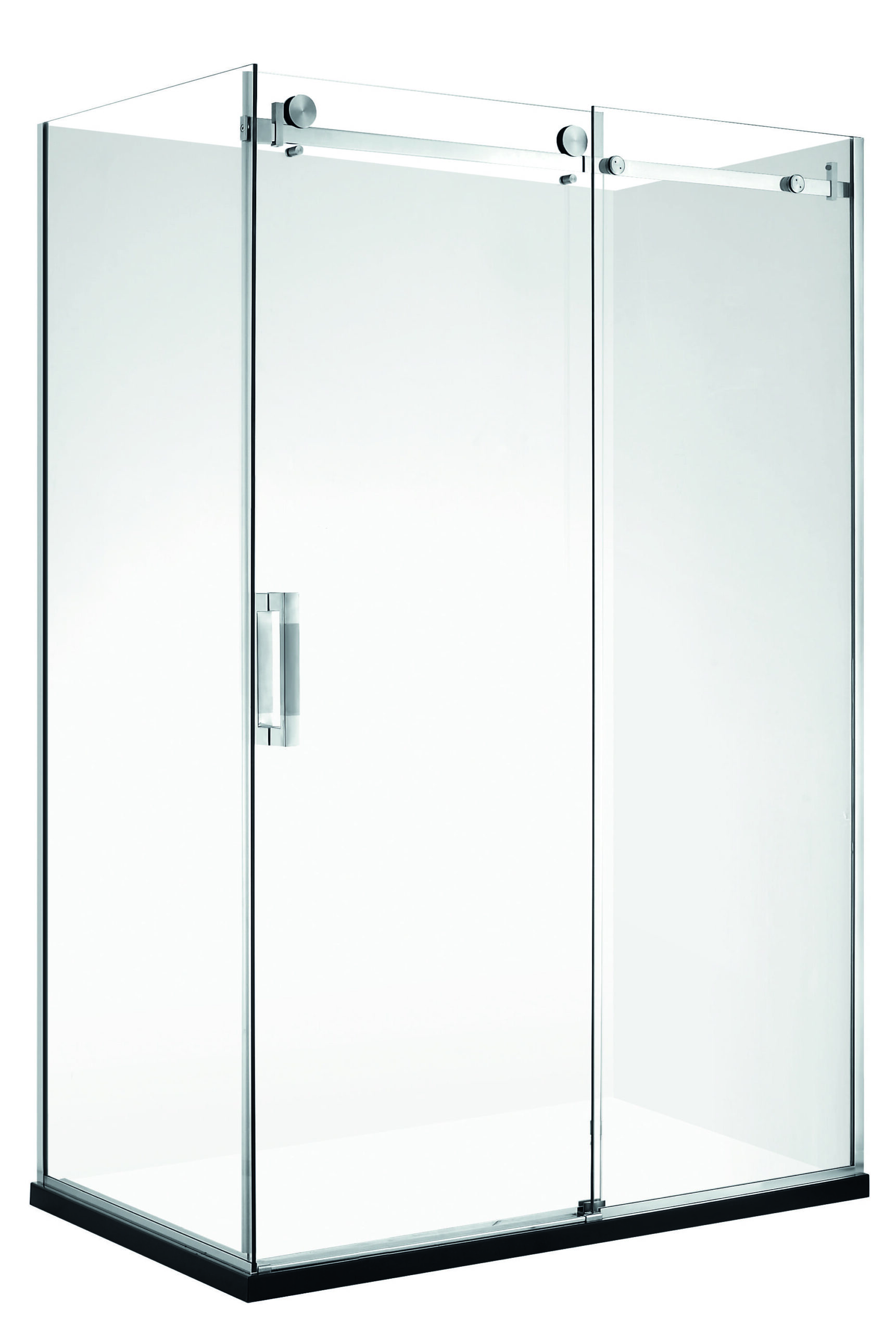 Glass shower enclosure with metal handle and sliding door.