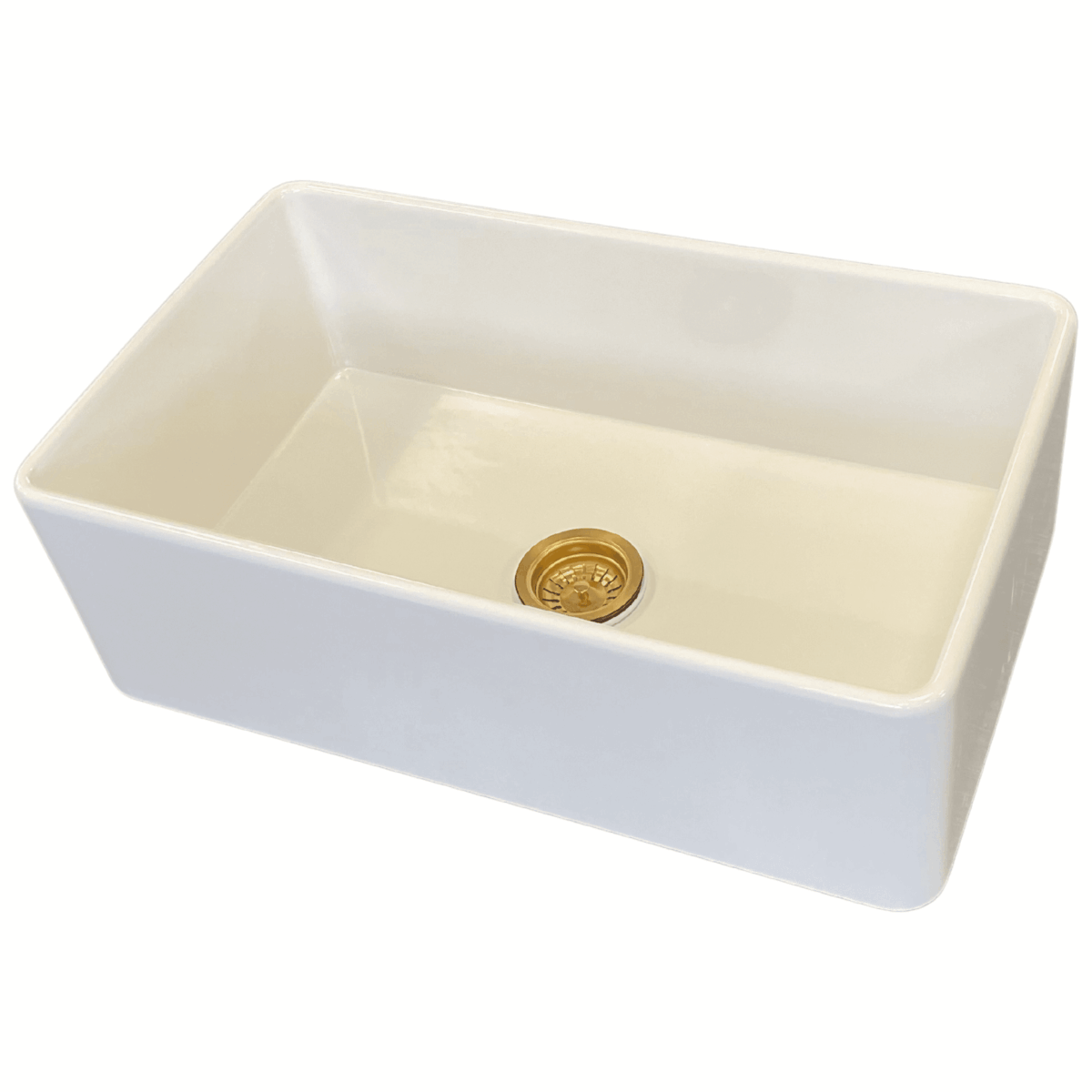 White medium butler sink with gold drain plug.