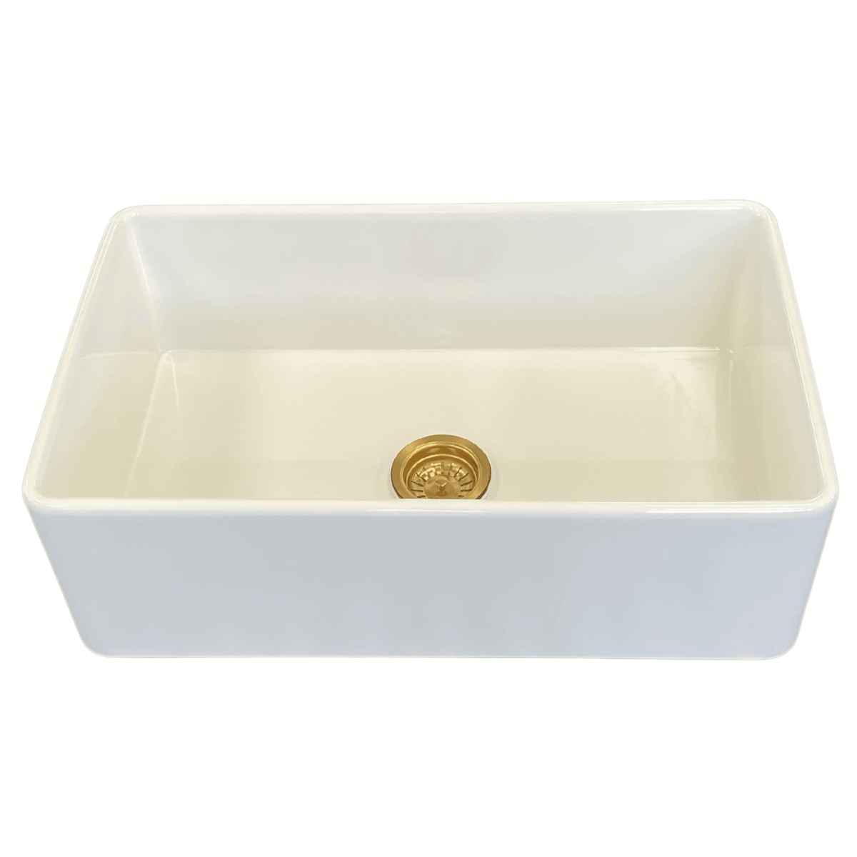 White medium butler sink with gold drain.