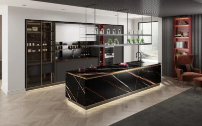 Modern black and gold kitchen with island bench, open shelving, and built-in appliances in luxury home