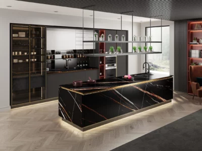 Modern black and gold kitchen with island bench, open shelving, and built-in appliances in luxury home