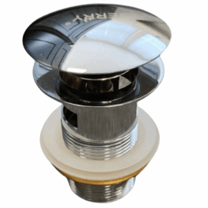 Chrome pop-up waste drain plug for bathroom sinks.