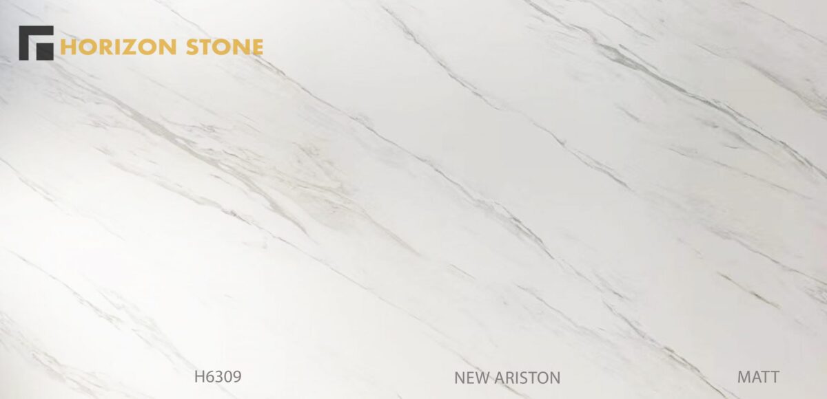 Sintered stone slab with light gray veining, labeled "New Ariston H6309."