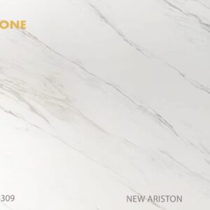 Sintered stone slab with light gray veining, labeled "New Ariston H6309."