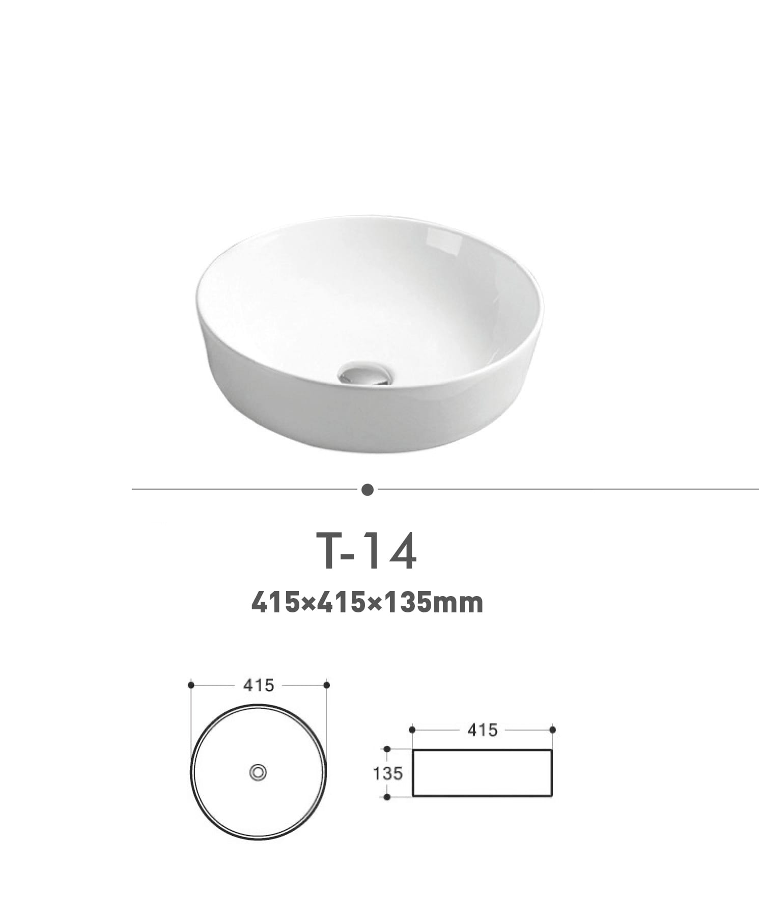 White round bathroom sink with dimensions 415x415x135mm.