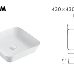 Square white sink with dimensions 430x430x110mm, model T-21M.