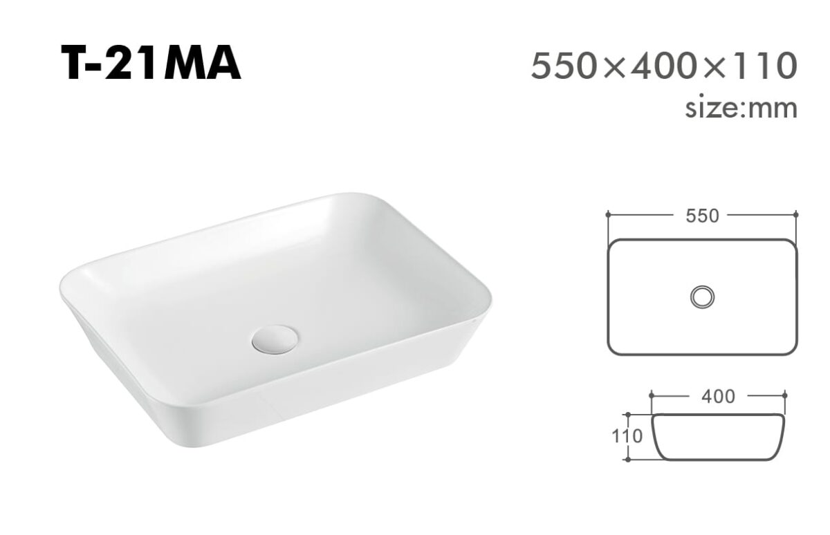 Rectangular white sink with dimensions 550x400x110 mm.