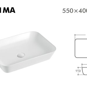 Rectangular white sink with dimensions 550x400x110 mm.