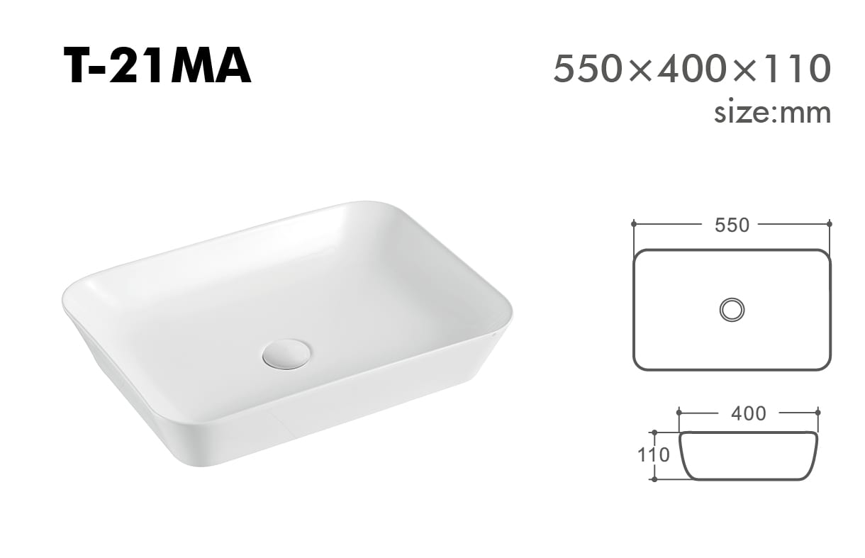 Rectangular white sink with dimensions 550x400x110 mm.