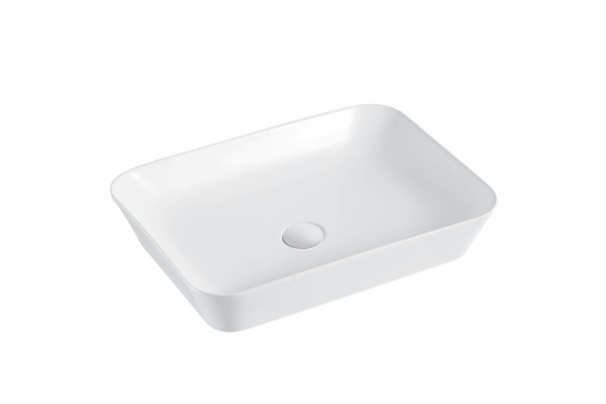 Rectangular white ceramic bathroom basin with smooth edges.